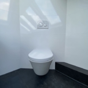 Modernes WC mit flacher Drückerplatte und Großformatfliesen